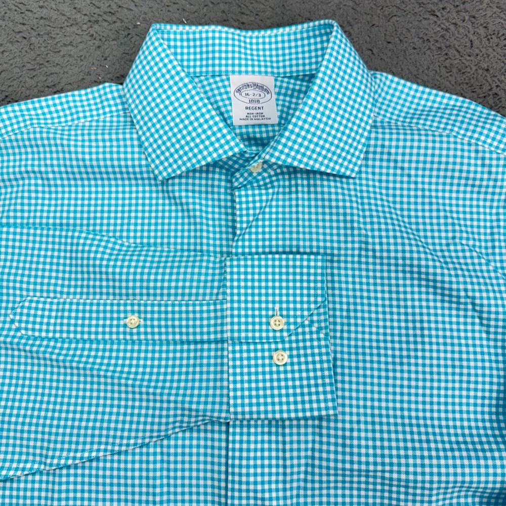 Brooks Brothers Dress Shirt Mens 16-2/3 Aqua Blue Gingham Regent Non-Iron Cotton